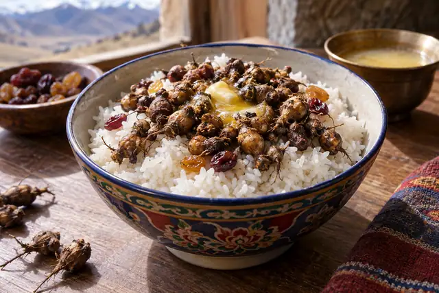 AI illustration: A Tibetan-style bowl of white cooked rice topped.