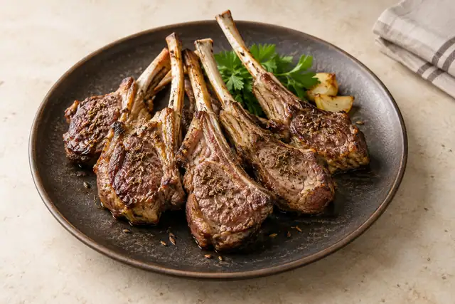 AI illustration: A short rack of roasted lamb ribs cut into individual chops and fanned on a dark plate, cumin speckles.