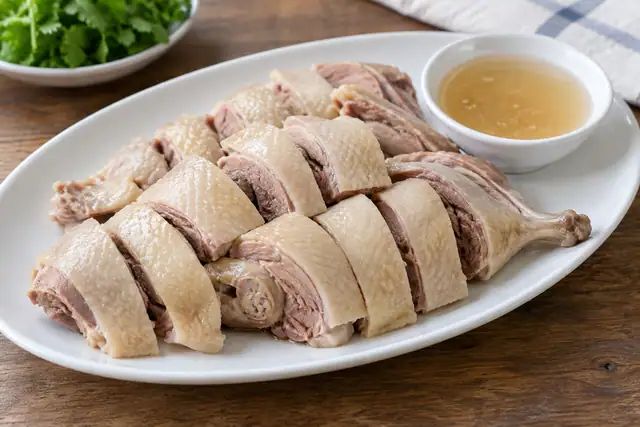 AI illustration: A white platter of salt-water goose cut into tidy bone-in slices.