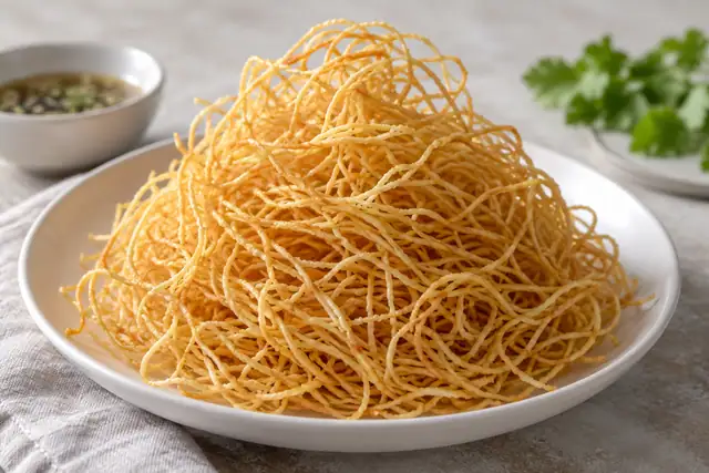 AI illustration: Fine golden fried noodle strands looped into a loose crisp nest on a white plate.