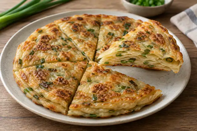 AI illustration: A flaky scallion pancake cut into wedges, golden pan-fried surface with small green scallion pieces.