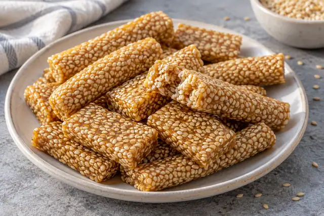 AI illustration: Small sesame candy batons and rectangular pieces densely packed with white sesame seeds and golden syrup.