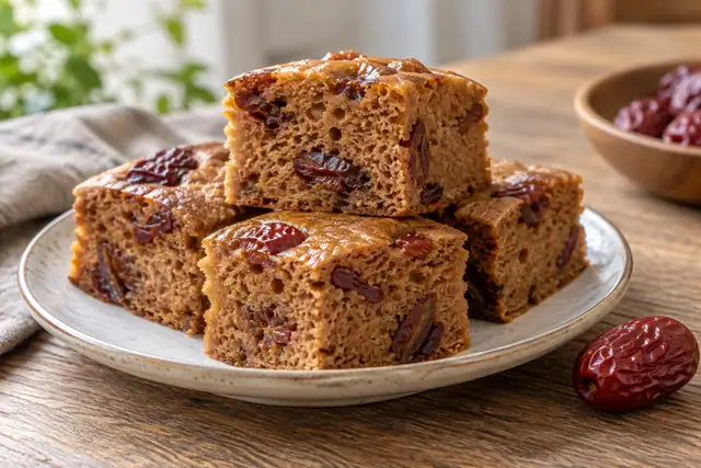 AI illustration: Several cut blocks of steamed date cake, soft warm brown crumb studded with dark red date pieces.