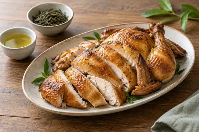 AI illustration: A carved roasted chicken with golden-brown skin on an oval plate.
