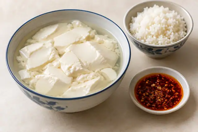 AI illustration: A Chinese lunch setting with one bowl of very soft white tofu curds in clear liquid.