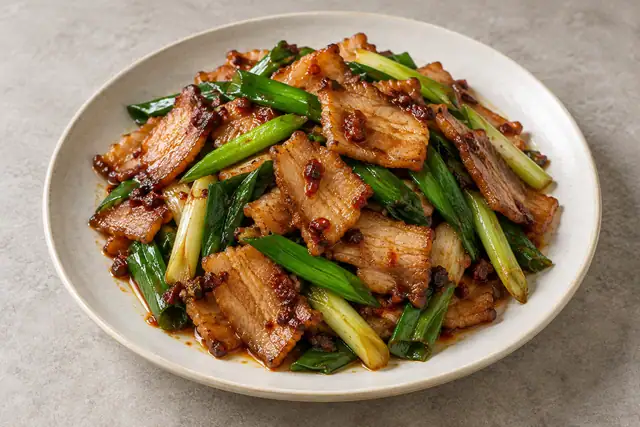 AI illustration: A close shallow plate of Sichuan twice-cooked pork belly.