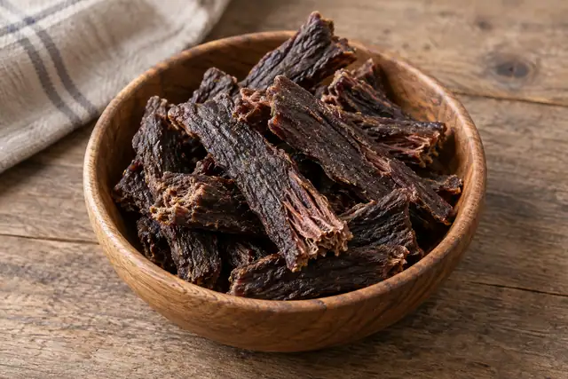 AI illustration: A small wooden board of dark reddish-brown dried yak-meat strips.