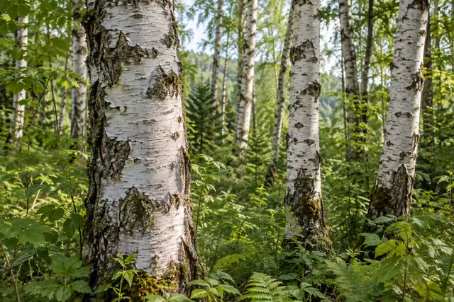 AI illustration: A close view of pale birch trunks and peeling bark in a quiet temperate woodland.