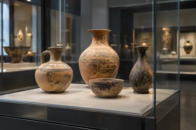 AI illustration: Earthenware pots and a simple bronze vessel on neutral mounts inside a softly lit museum display case.