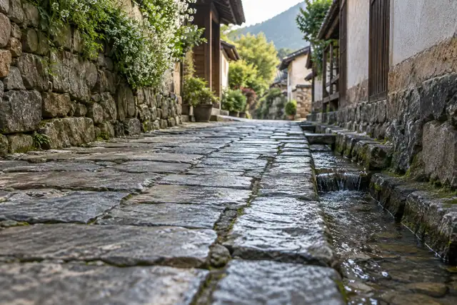 AI illustration: A low medium view of an old Chinese town lane, irregular stone paving.