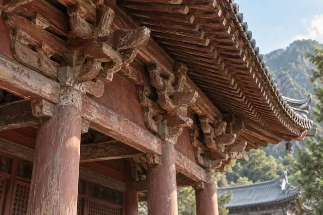 AI illustration: A Chinese timber temple roof edge with curved dark tiles, wooden brackets and weathered red-brown beams.