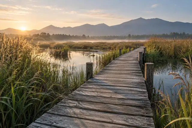 AI illustration: A medium view from a simple wooden wetland boardwalk through reeds and shallow still water.