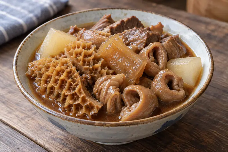 AI illustration: Mixed braised beef offal with radish in a savory sauce.