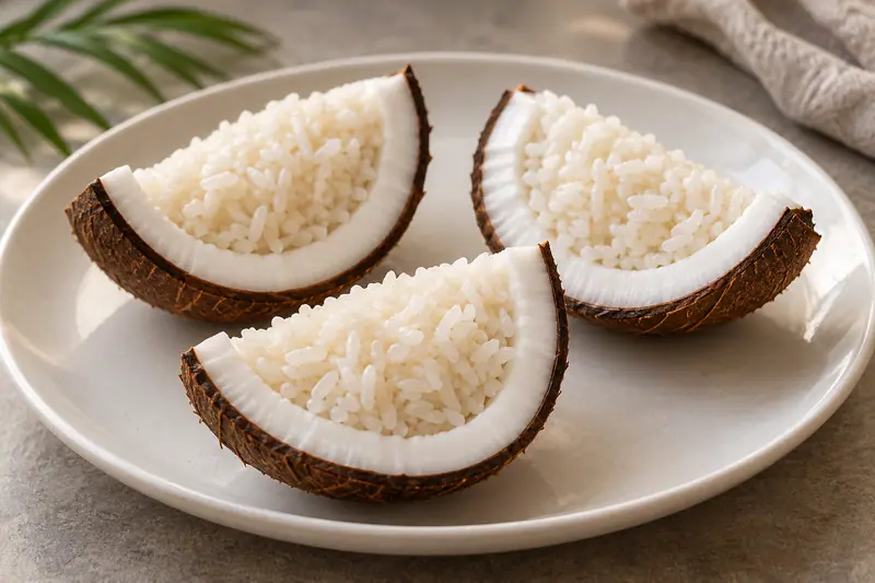 AI illustration: Three coconut shell wedges shaped like small boats on a plain plate, each showing dark brown outer shell.