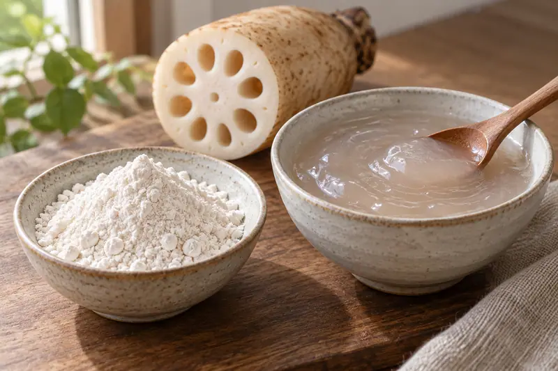 AI illustration: A simple ingredient and serving still life of lotus-root starch.