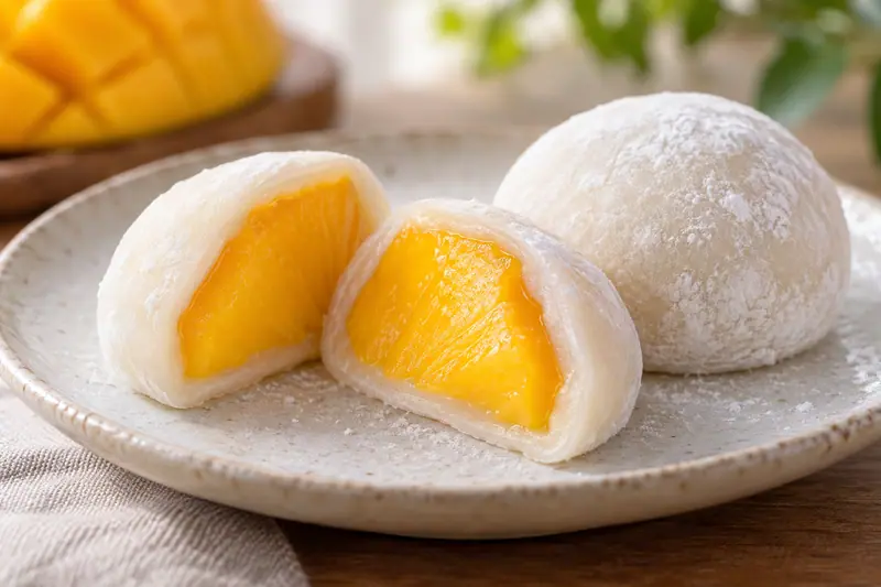 AI illustration: Two plump white glutinous rice mochi on a plate.