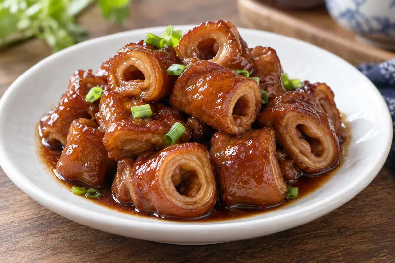 AI illustration: Braised pork intestine rings coated in a rich glossy sauce.
