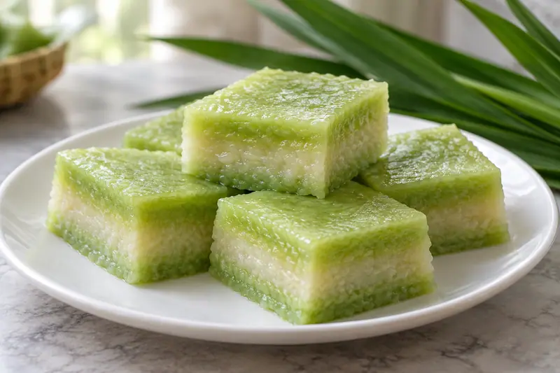 AI illustration: Several soft green pandan and coconut rice cake slices on a plain white plate.