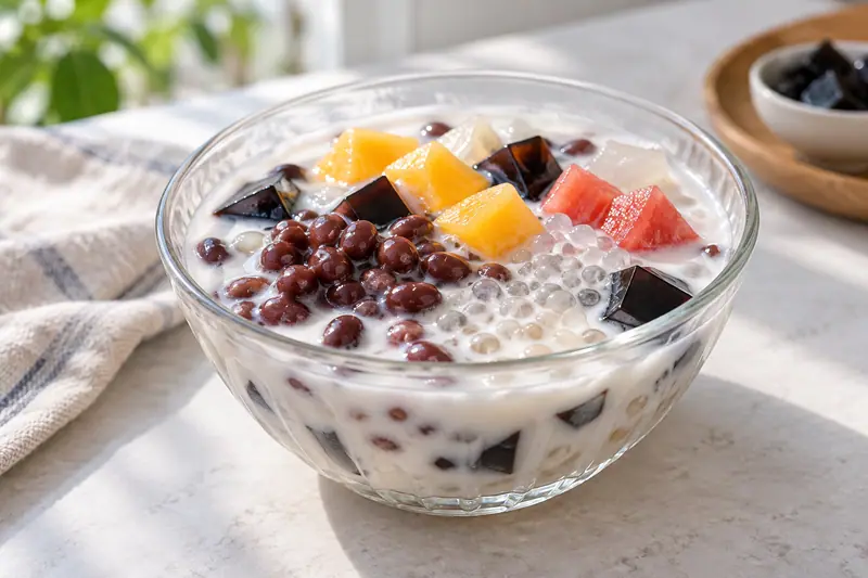 AI illustration: A chilled Hainan qingbuliang dessert in a transparent glass bowl.