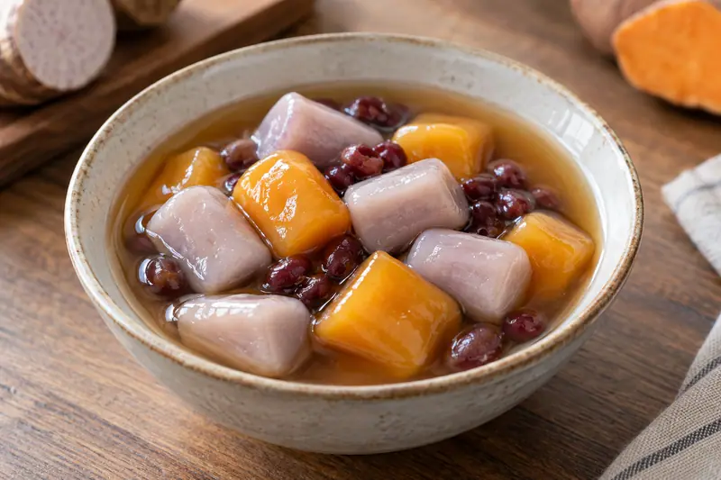 AI illustration: A small bowl of sweet light amber syrup holding chewy taro and sweet potato dough pieces.