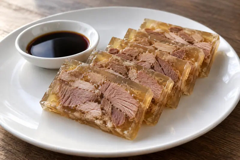 AI illustration: Sliced crystal pork terrine with a small dish of black vinegar.
