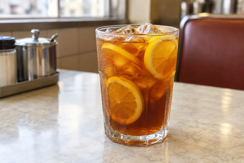 AI illustration: A simple clear cafe glass of dark amber iced black tea with several fresh yellow lemon slices and ordinary ice cubes