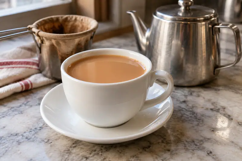 AI illustration: A plain small white ceramic cup and saucer holding strong warm Hong Kong milk tea.
