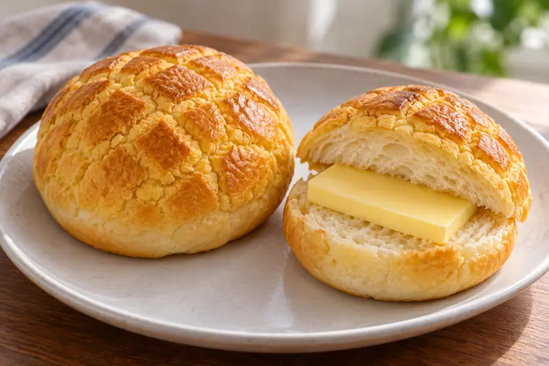 AI illustration: Two Hong Kong pineapple buns on a plain ceramic plate.