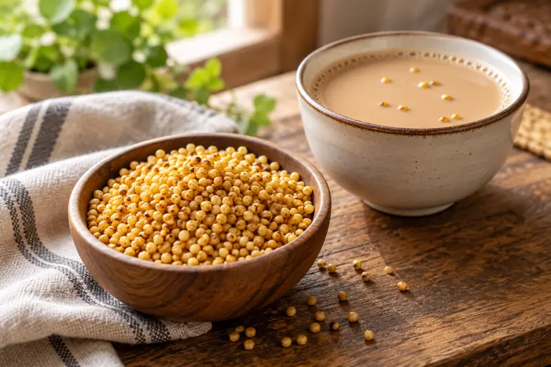 AI illustration: A small wooden bowl of crisp roasted golden millet grains in the foreground.