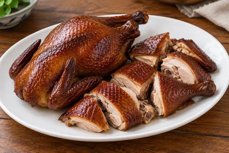 AI illustration: Smoked chicken with brown skin and chopped bone-in portions.