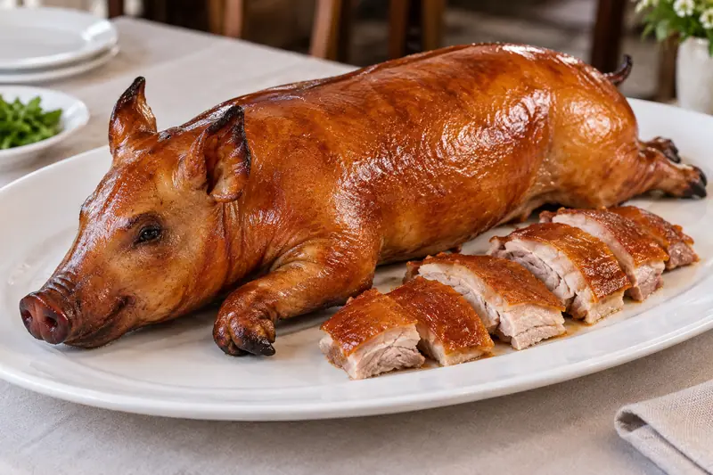 AI illustration: A small whole roast suckling pig with crisp skin.