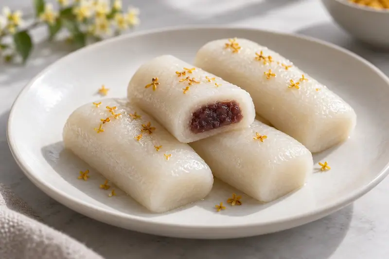 AI illustration: Slender short bars of soft white glutinous rice dough on a plain plate.