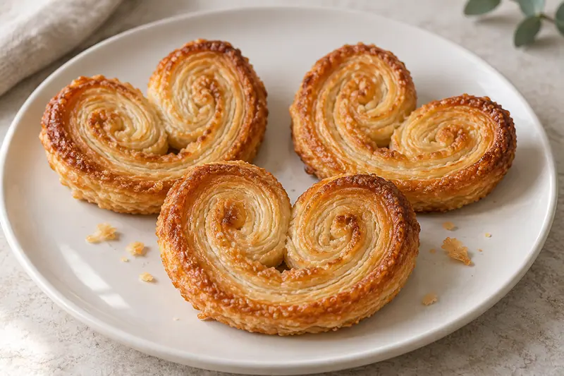 AI illustration: Three golden butterfly-shaped palmier pastries on a plain plate