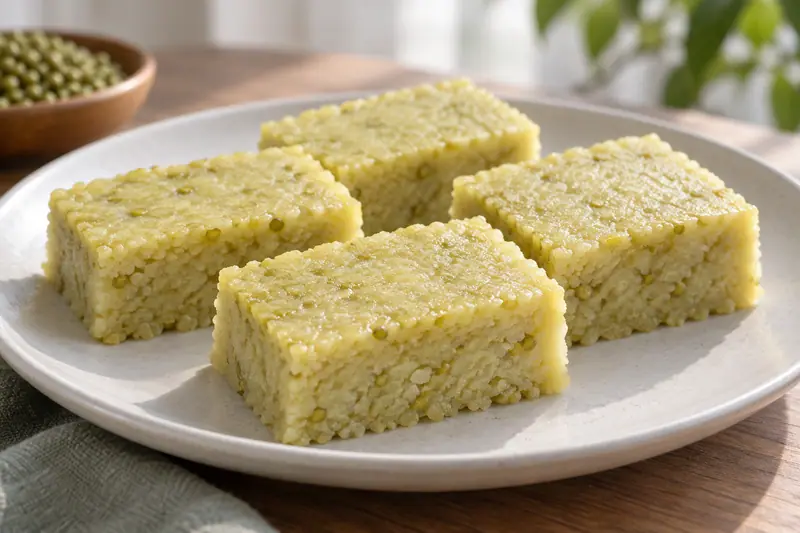 AI illustration: Fresh moist steamed mung-bean and grain cake cut into simple rectangular portions