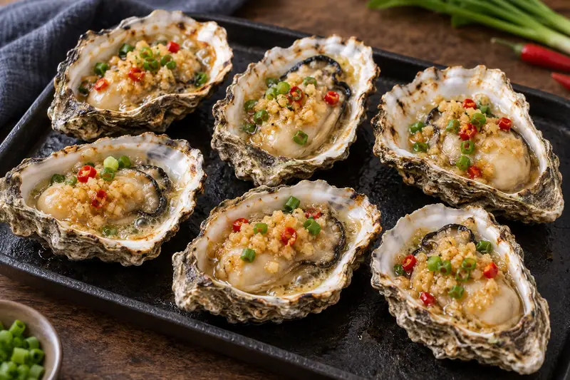 AI illustration: Cooked oysters on the half shell with golden chopped garlic.