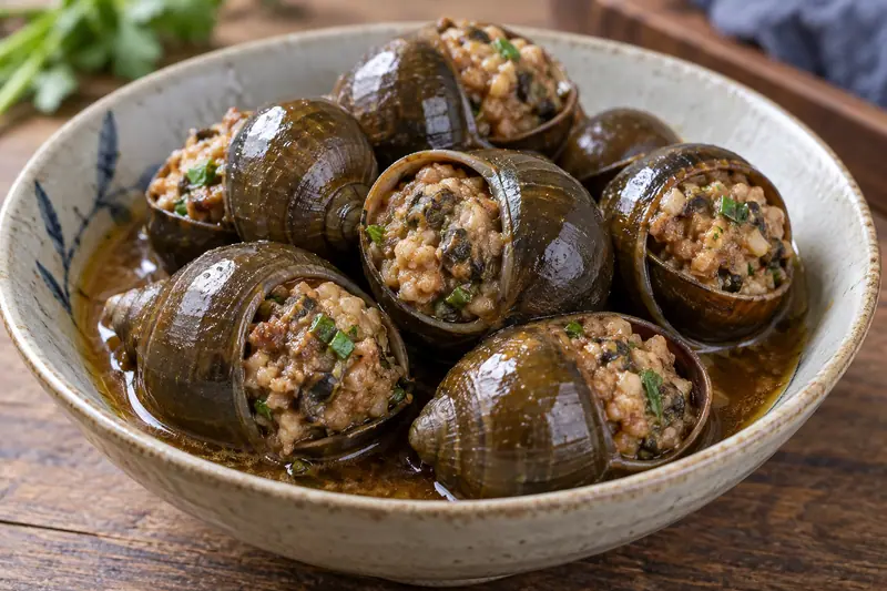 AI illustration: River-snail shells filled with cooked minced meat and herbs.