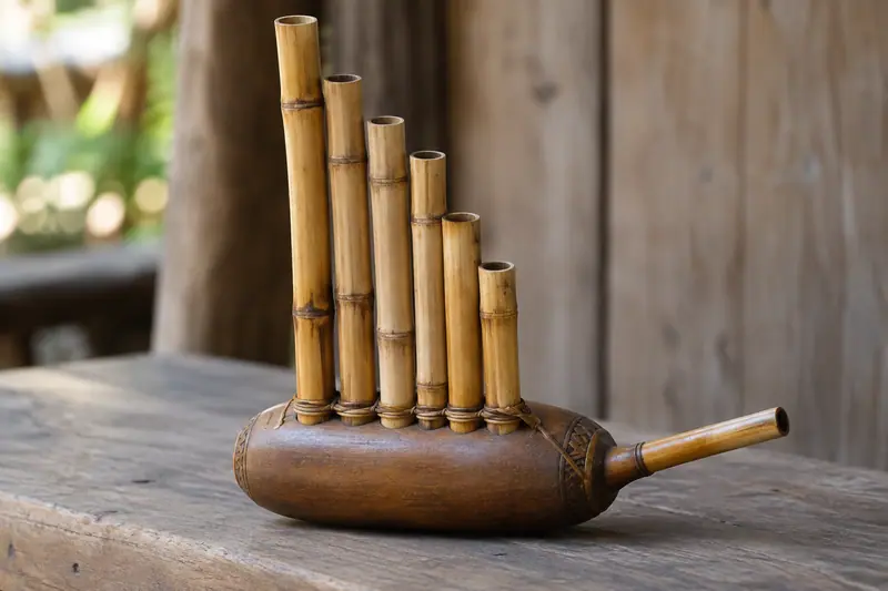 AI illustration: AI illustration: lusheng bamboo pipes; general category detail, not an actual photograph.