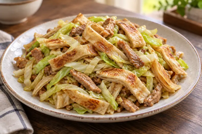 AI illustration: A homestyle plate of cooked wheat pancake strips gently braised with shredded cabbage and small strips of cooked meat