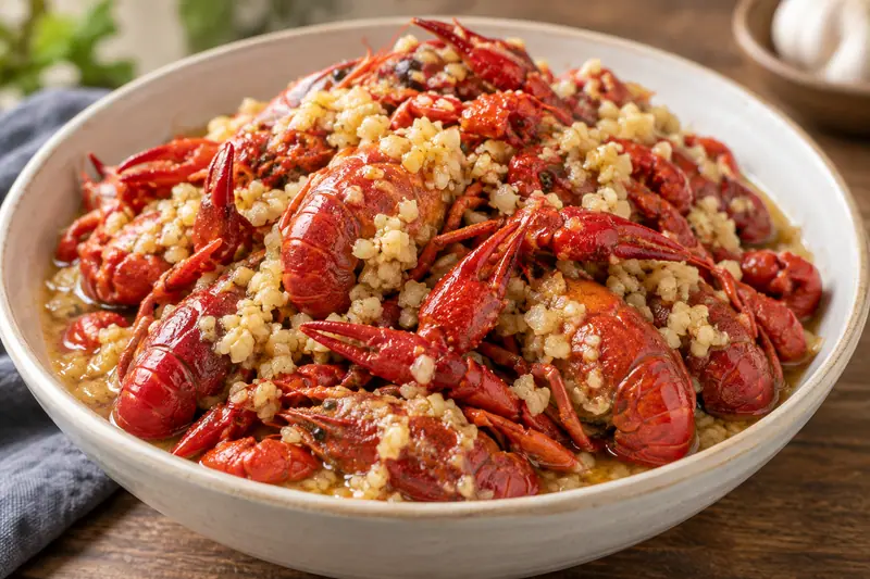 AI illustration: Red cooked crayfish coated with moist chopped garlic.