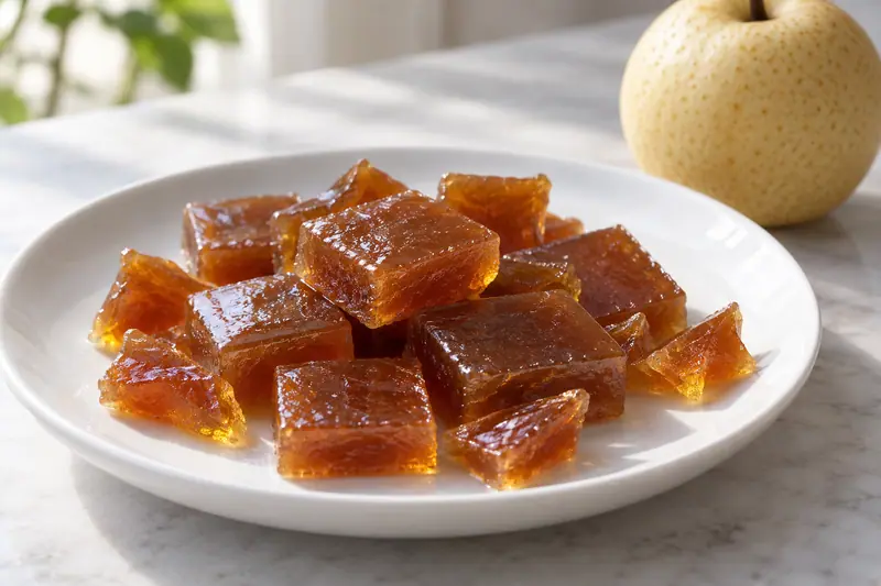 AI illustration: Small hard amber brown translucent pear-syrup candy squares and irregular broken pieces on a plain white dish