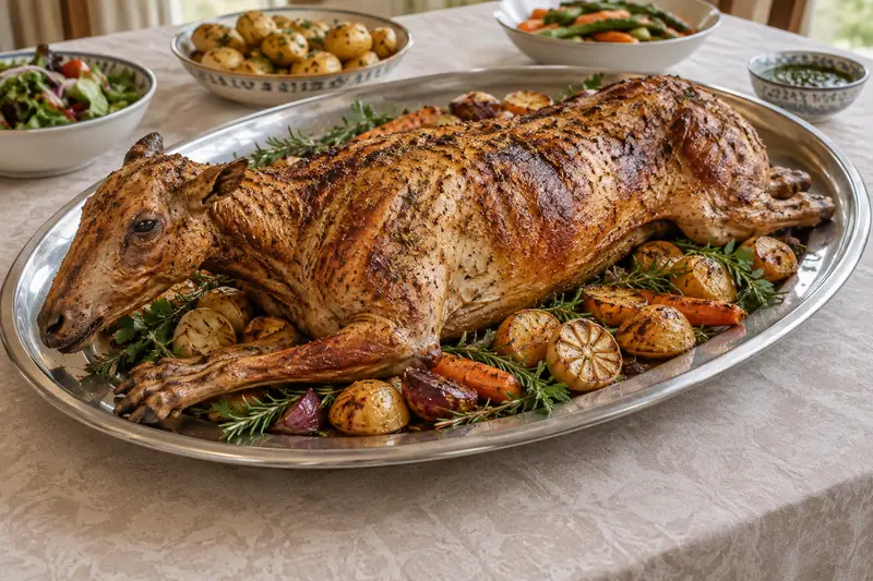AI illustration: A whole roast lamb prepared for a shared banquet.