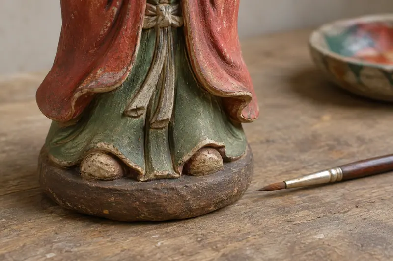 AI illustration: Painted clay figurine detail.