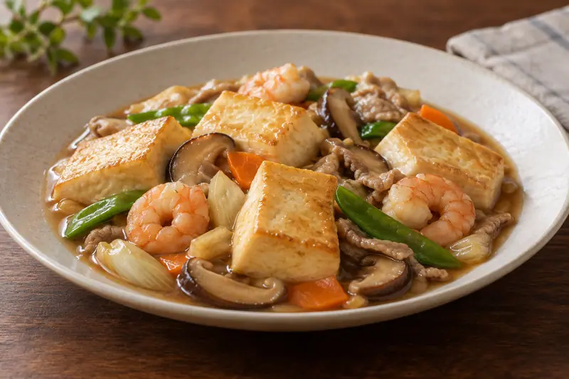 AI illustration: Lightly fried tofu with seafood and vegetables in savoury sauce.