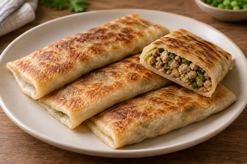 AI illustration: Long rectangular pan-fried wheat parcels with a savoury minced filling.
