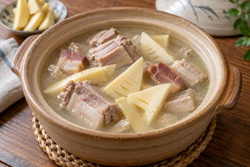 AI illustration: Fresh pork, cured pork and bamboo shoots in a light broth.