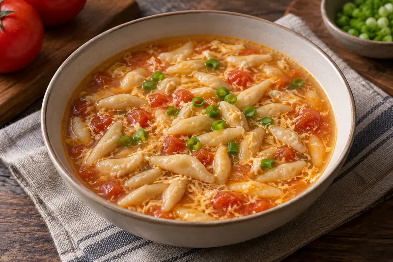 AI illustration: Short tapered dough pieces with tomato and egg.