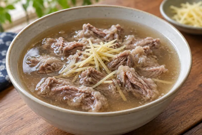 AI illustration: Fine beef shreds with a soft starch coating in lightly thickened soup.