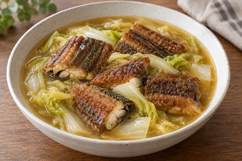AI illustration: Browned eel pieces and cabbage in a lightly thickened broth.