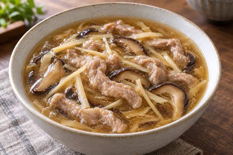 AI illustration: Coated pork strips and shiitake mushrooms in lightly thickened soup.