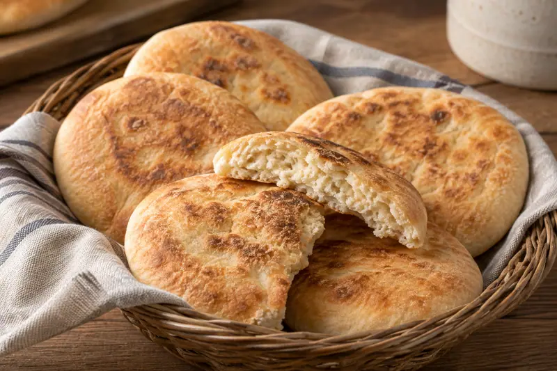 AI illustration: Small round toasted wheat flatbreads with pale crumb.